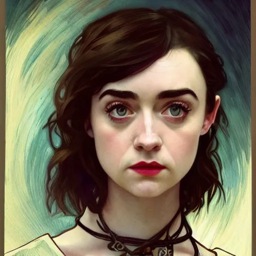 Image similar to a combination of Maisie Williams, Krysten Ritter, Anne Hathaway and Natalia Dwyer Christina Ricci and Lily Collins by Alphonse Mucha, Magali Villeneuve and Livia Prima, trending on artstation, long hair, dark eyes