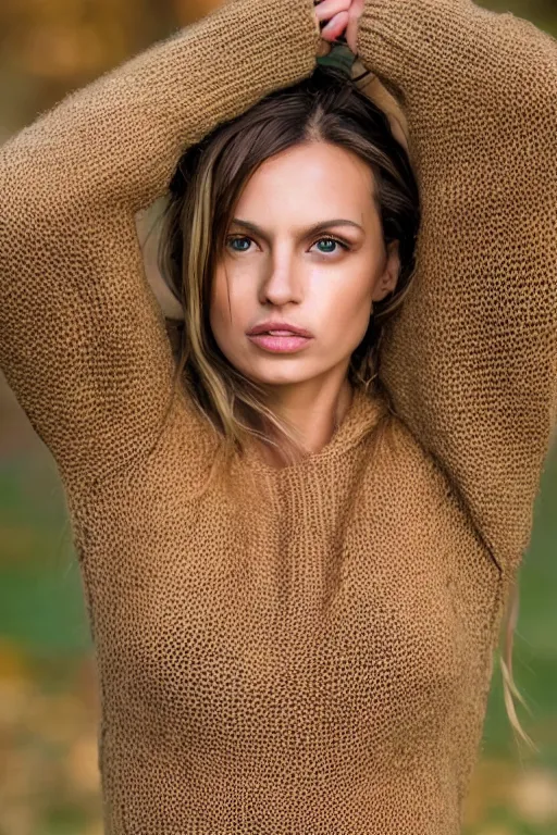 Image similar to olive skinned female model in her thirties, wearing sweater, focused on neck, photo realistic, extreme detail skin, natural beauty, no filter, slr, golden hour, 4 k, high definition, selfie