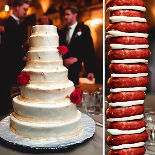 Image similar to a wedding cake made of meat and sausages with ketchup sauce. During wedding. Highly detailed 8k