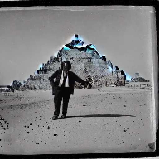 Prompt: tintype photo, Bigfoot in front of the pyramids