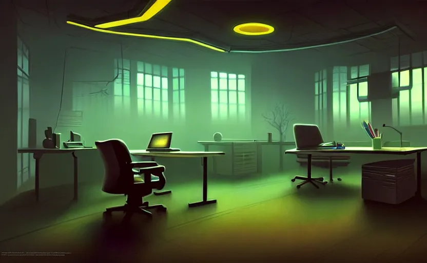 Prompt: office, horror scene, fluorescent lighting, eerie volumetric lighting, futuristic atmosphere, intricate, detailed, photorealistic imagery, artstation, by Evgeny Lushpin