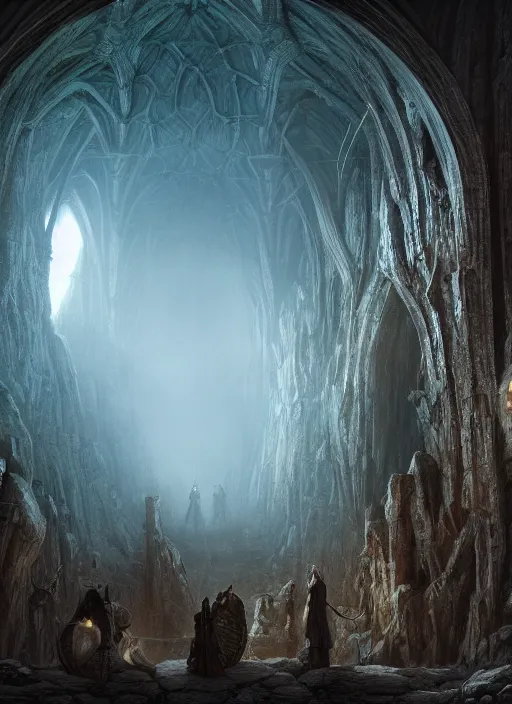 Image similar to group of medieval adventurers in the shire scenery landscape, lord of the rings, inside an enormous alien cathedral, portal to another dimension, highly detailed, cinematic lighting, perfect composition, 4 k, gustave dore, derek zabrocki, greg rutkowski, beksinski, octane render