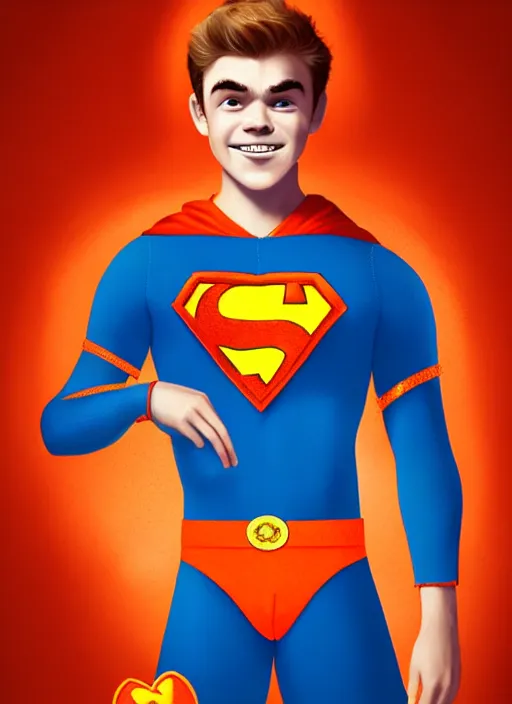 Image similar to friendly teenage archie andrews wearing an orange superhero costume with heart logo, heart, freckles, blue cape, heart emblem on chest, blue cape, intricate, elegant, glowing lights, highly detailed, digital painting, artstation, sharp focus, illustration, art by wlop, mars ravelo and greg rutkowski