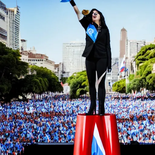 Image similar to Lady Gaga as president, Argentina presidential rally, Argentine flags behind, bokeh, giving a speech, detailed face, Argentina