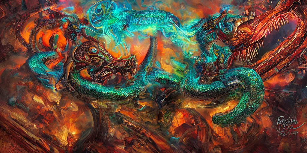 Image similar to Quetzalcoatl  the feathered serpent deity by Liam Wong and Boris Vallejo