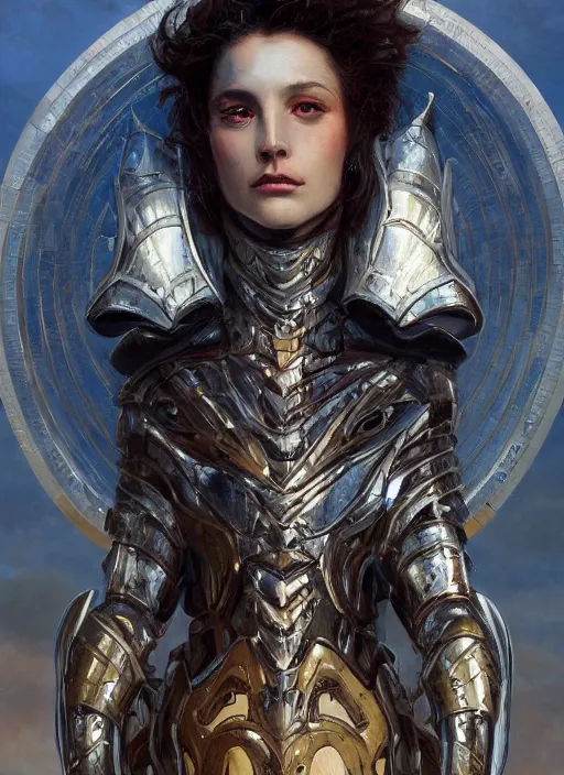 Prompt: symmetry!! closeup portrait of a beautiful biblical diabolical agile girl holding shield, reflective bio cyborg armor, in clouds, cinematic studio light, windy, sunrise, by gerald brom, by mikhail vrubel, by peter elson, muted colors, extreme detail! trending on artstation, 8 k