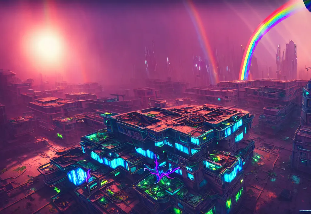 Image similar to A highly detailed crisp unreal engine render of aerial drone photo of A beautiful futuristic cyberpunk abandoned city building with neon, plants, perfect well made rainbow on the sky, sunlight breaking through clouds, debris on the ground, abandoned machines bright warm colors by wangchen-cg, 王琛,Neil blevins, artstation