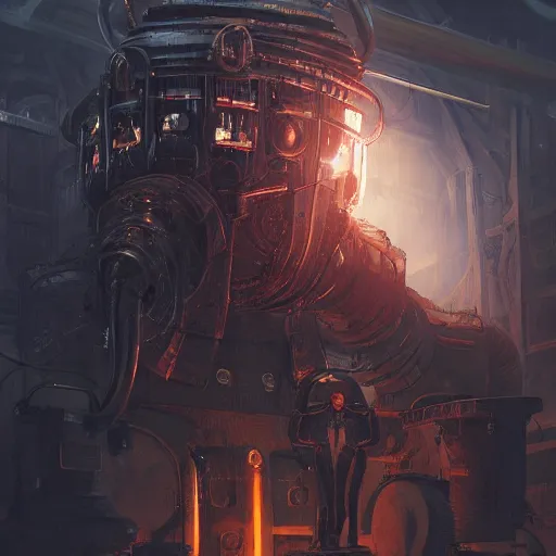 Image similar to portrait of adeptus mechanicus techpriest at a forge, by cedric peyravernay and feng zhu, highly detailed, excellent composition, cinematic concept art, dramatic lighting, trending on artstation