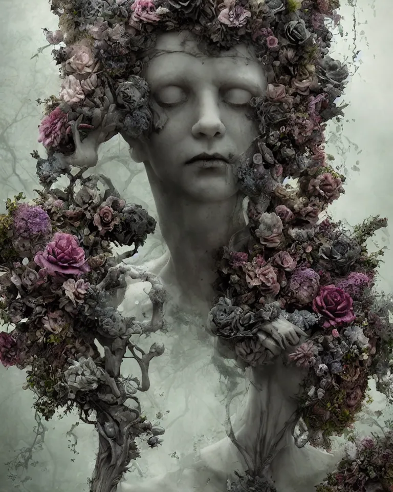 Prompt: portrait of gothic cemetery statue breaking apart, made of mist, made of flowers, Andrew Ferez, Charlie Bowater, Marco Mazzoni, Seb McKinnon, Ryohei Hase, Alberto Seveso, Kim Keever, trending on cgsociety, featured on zbrush central, new sculpture, mystical