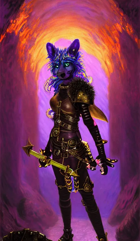 Prompt: a sparkledog fursona anthro girl thief with leather - strap - armor is exploring the grimdark dungeon depths. trending on artstation and pixiv. a vibrant digital oil painting. a highly detailed fantasy character illustration by wayne reynolds and charles monet and gustave dore and carl critchlow and bram sels