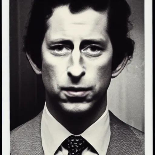 Prompt: Mugshot Portrait of Prince Charles, taken in the 1970s, photo taken on a 1970s polaroid camera, grainy, real life, hyperrealistic, ultra realistic, realistic, highly detailed, epic, HD quality, 8k resolution, body and headshot, film still, front facing, front view, headshot and bodyshot, detailed face, very detailed face