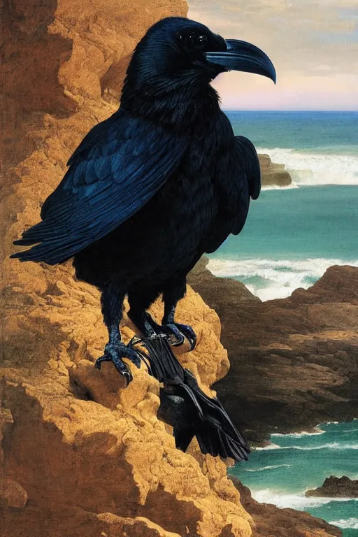 Prompt: a breathtakingly stunningly beautifully highly detailed extreme close up portrait of a raven under a rock arch, epic coves crashing waves plants, beautiful clear harmonious composition, dynamically shot, wonderful strikingly beautiful dynamic epic sunset, detailed organic textures, by frederic leighton and rosetti and turner and eugene von guerard, 4 k