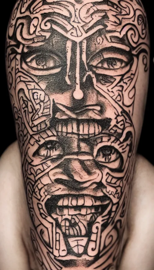 Prompt: ancient mayan jungle face tattoo pattern concept, glagolitic glyph, intricate artwork by ,James Jean, Noah Bradley, very coherent artwork, cinematic, hyper realism, high detail, octane render, unreal engine, 8k, High contrast, higly detailed black ink outline