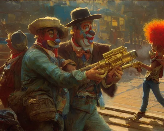 Prompt: clowns robbing a train using water guns, highly detailed painting by gaston bussiere, craig mullins, j. c. leyendecker 8 k