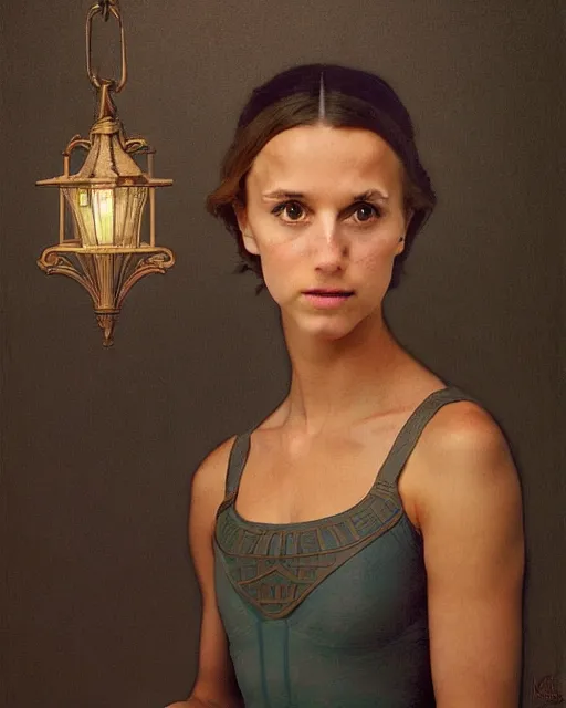 Image similar to a well - lit portrait painting of a shy, blushing 1 6 - year old alicia vikander or millie bobby brown in a leotard with lanterns at night, intricate, elegant, highly detailed, artstation, concept art, by krenz cushart and donato giancola and william adolph bouguereau and alphonse mucha