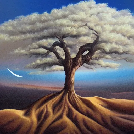 Prompt: a painting of a majestic tree in the desert, an airbrush painting by breyten breytenbach, cgsociety, neo - primitivism, dystopian art,! apocalypse landscape!!