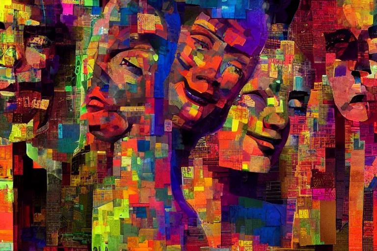 Prompt: portrait of humanoids, collage art, glitch art, cubism, enchanting, dramatic lighting, highly detailed, 8 k, vibrant