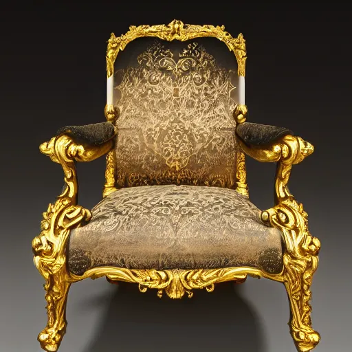 Image similar to photo of a barock chair with gold ans ornament, 8k , hyperrealistic details