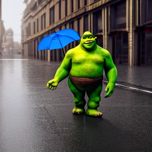 Prompt: shrek walking on the street while holding an umbrella on a rainy day, 3 d render, realistic