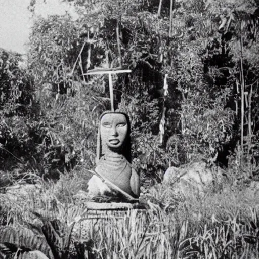 Prompt: a rizom lost film footage of a sacred ( ( ( ( ( indigenous ) ) ) ) ) artifact in the middle of the ( ( ( ( ( ( ( ( ( ( tropical jungle ) ) ) ) ) ) ) ) ) ) / ethnographic object / film still / cinematic / enhanced / 1 9 0 0 s / black and white / grain