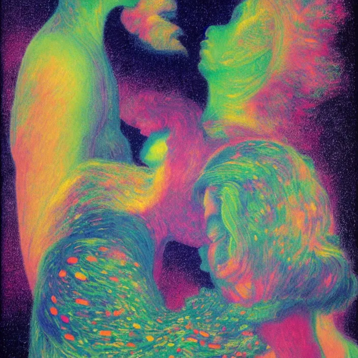 Prompt: close portrait of woman and man kissing. aurora borealis. iridescent, vivid psychedelic colors. painting by arcimboldo, agnes pelton, utamaro, monet