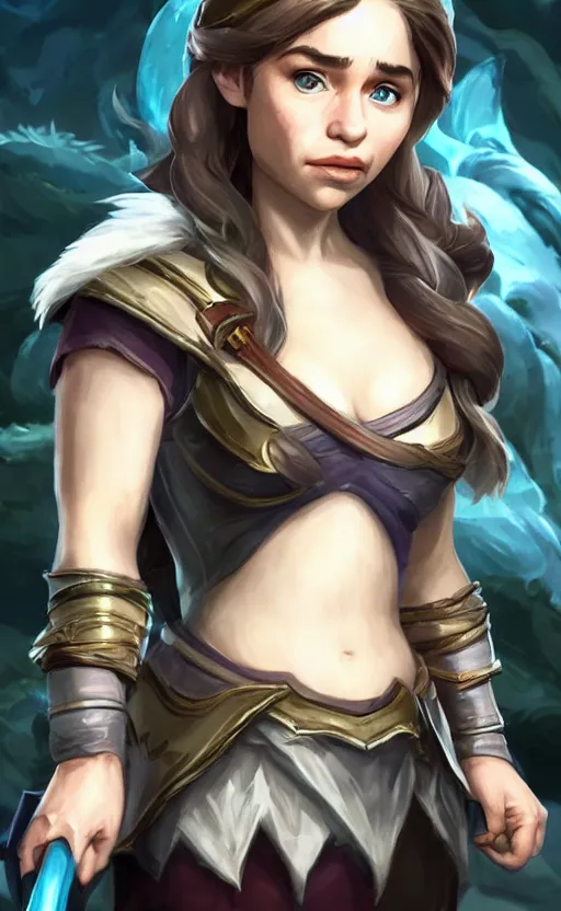 Image similar to Emilia Clarke as a character in the game League of Legends, with a background based on the game League of Legends, detailed face, old 3d graphics