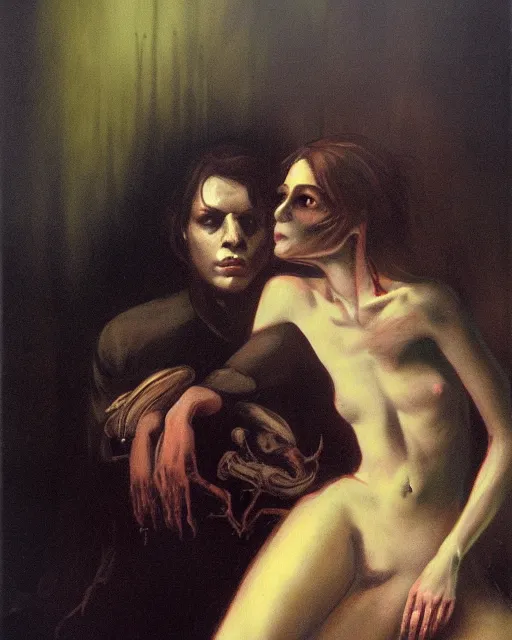 Prompt: a beautiful and eerie baroque painting of a brother and sister who are beautiful but creepy, in dead space, with haunted eyes and dark hair, 1 9 7 0 s, seventies, wallpaper, a little blood, morning light showing injuries, delicate embellishments, painterly, offset printing technique, by brom, robert henri, walter popp