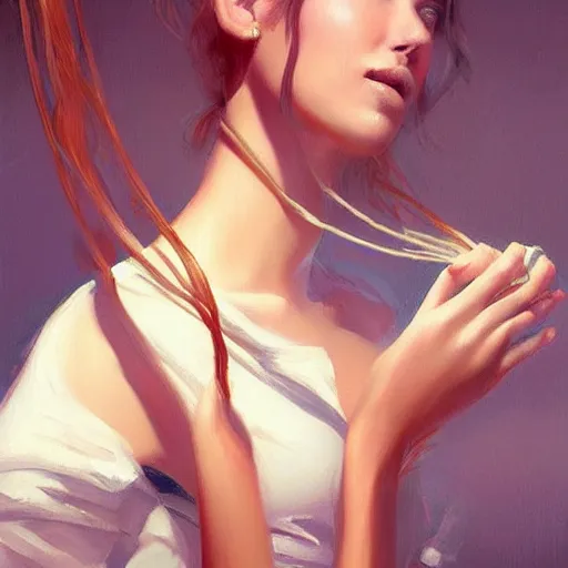 Prompt: a beautiful woman tied to a chair with spaghetti, painting by Charlie Bowater and artgerm