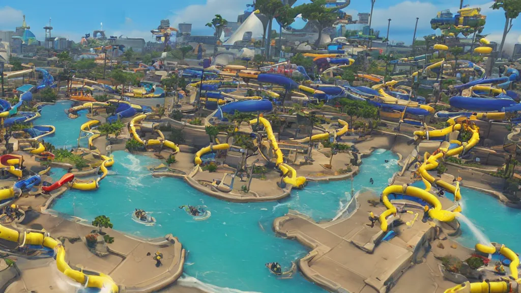 Image similar to Screenshot from Overwatch, at a water park