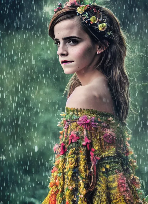 Image similar to Emma Watson for Victorian Secret, perfect face, hot summertime hippie in the rain, psychedelic Wedding Dress, full length shot, XF IQ4, 150MP, 50mm, f/1.4, ISO 200, 1/160s, natural light, Adobe Photoshop, Adobe Lightroom, DxO Photolab, Corel PaintShop Pro, rule of thirds, symmetrical balance, depth layering, polarizing filter, Sense of Depth, AI enhanced