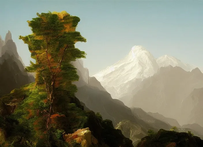 Image similar to painting of a modern minimalist sculpture in front of beautiful mountains by thomas cole