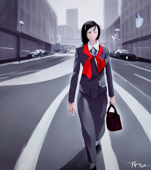 Image similar to a girl in a business is walking in the middle of the street, she has a red necktie and grey hair, digital painting, art by tran ross, anime art, artstation, hd, smooth