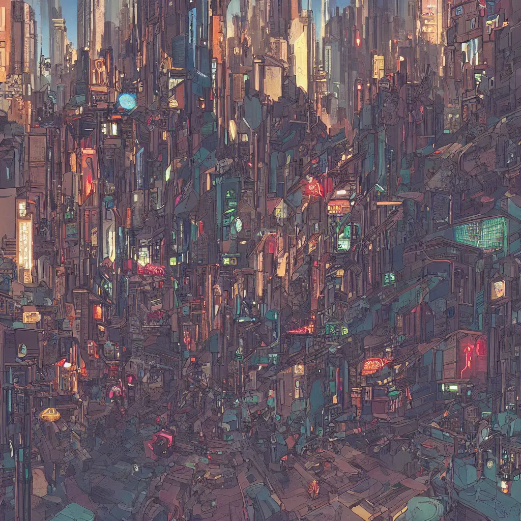 Prompt: a cyberpunk city street with robots and humans walking around, digital painting by moebius