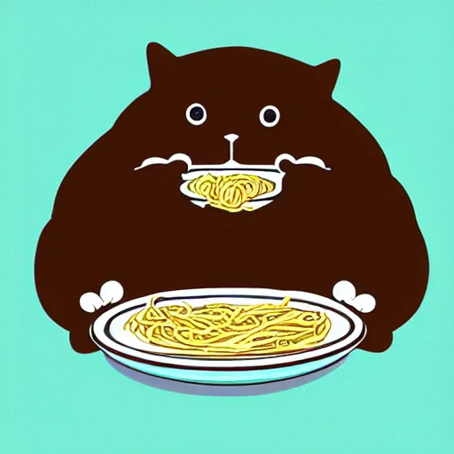 Image similar to fat cat eating noodles on toast, digital art