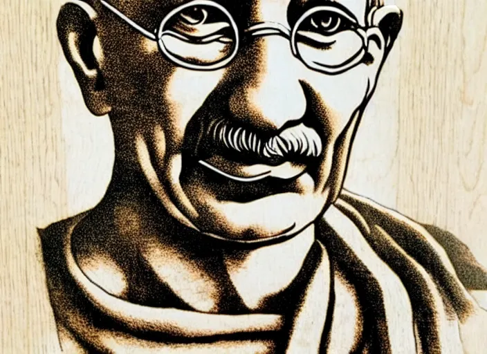 Image similar to a beautiful wood engraving on paper of gandhi