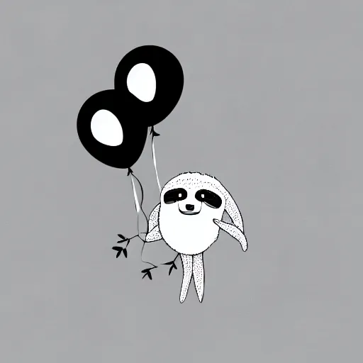 Image similar to book illustration of a sloth holding balloons, book illustration, monochromatic, white background, black and white image