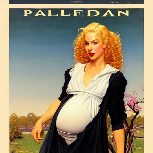 Prompt: beautiful painting of the androgynous pale blond prince Raiden with long curly blond hair, wearing a soft white poet shirt and a black miniskirt and heels, pregnancy, pinup poster by J.C Leyendecker and Norman Rockwell