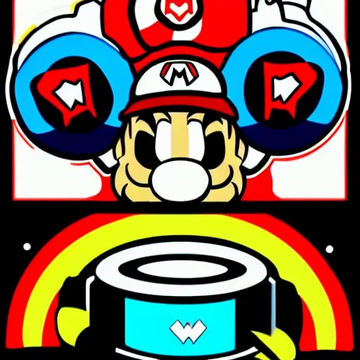 Image similar to svg sticker of a Pop-Wonder SuperMario, Mario-Wearing-a-red-hat, at a rave, spinning records, giant headphones rocking out, wearing headphones, huge speakers, dancing, rave, DJ, spinning records, digital art, amazing composition, rule-of-thirds, award-winning, trending on artstation, featured on deviantart