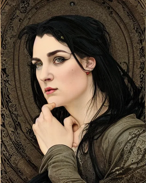 Image similar to portrait of a tall 4 0 - year - old woman with thin lips, long, lush unkempt black hair, and thick eyebrows, wearing in black clothes, hyper realistic face, beautiful eyes, close up, fantasy art, in the style of greg rutkowski, intricate, alphonse mucha, hyper detailed, smooth