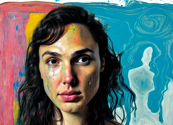 Image similar to portrait of gal gadot crying, by vincent lefevre and hernan bas and pat steir and hilma af klint, psychological, photorealistic, dripping paint, washy brush, rendered in octane, altermodern, masterpiece