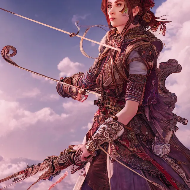 Image similar to the portrait of lawful neutral semi - colorful female archer huntress as absurdly beautiful, gorgeous, elegant, young girl, an ultrafine hyperdetailed illustration by kim jung gi, irakli nadar, intricate linework, bright colors, octopath traveler, final fantasy, unreal engine 5 highly rendered, global illumination, radiant light, detailed and intricate environment