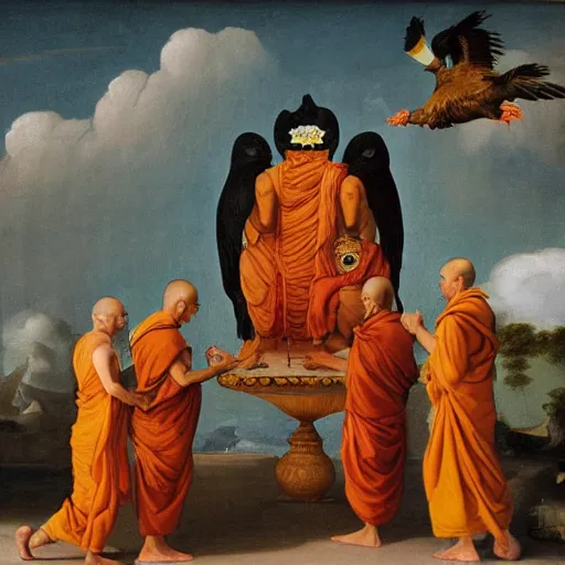 Image similar to hindu monks worshipping giant crow on greek senete baroque painting, lionardo davinchi