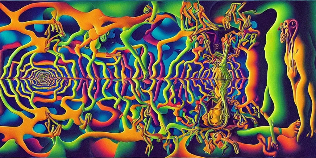 Image similar to basilisk, pain, pleasure, suffering, adventure, alex grey psychedelic dripping color love, abstract oil painting by mc escher tessalation and salvador dali gottfried helnwein