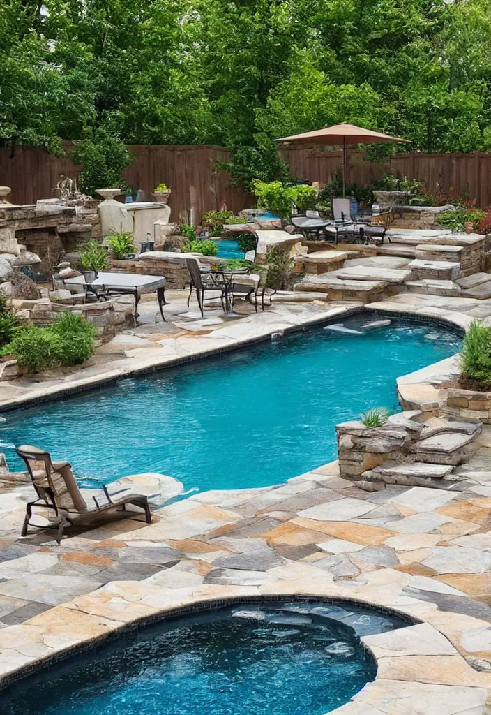 Image similar to Beautiful backyard pool with stone walkway and wooden lounge chairs