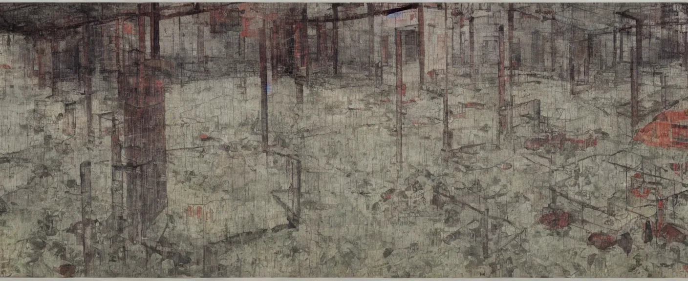 Image similar to a chinese prison near a river by peter doig, muted colors, overlaid with chinese adverts