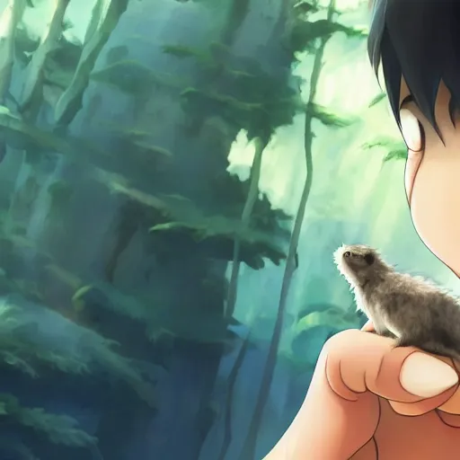 Prompt: guy holding small creature , with Fragile looking character portrait face made by Studio Ghibli highly detailed art, beautiful scene, sharp focus, smooth, nostalgic 8k, anime art, pixiv, accent lighting