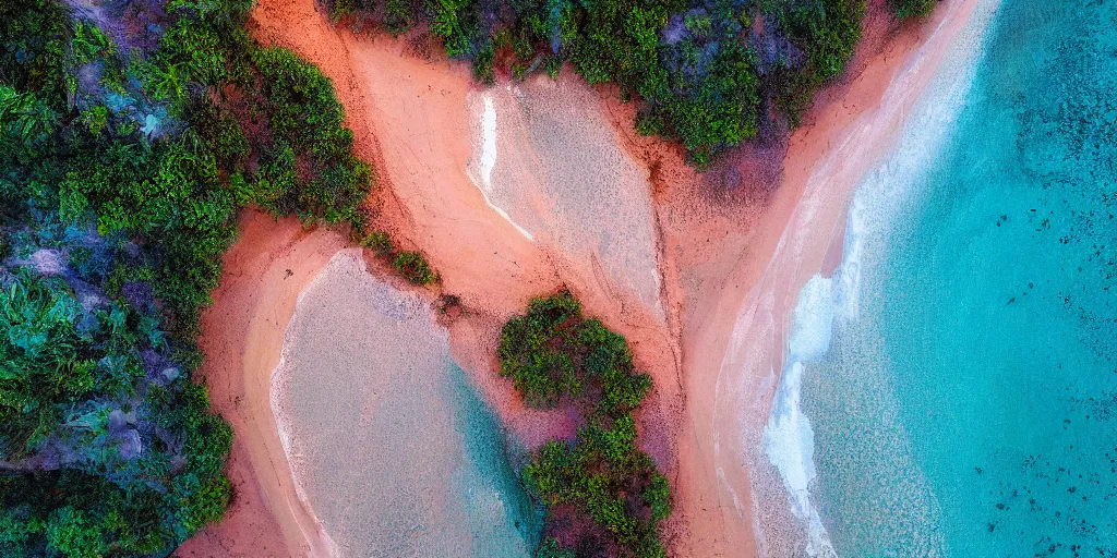 Image similar to a beach between two valley, sun set, digital art, highly detailed, drone wide shot