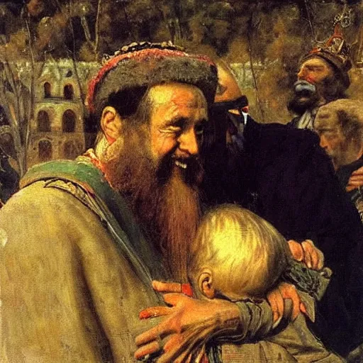 Image similar to ivan the terrible and his son ivan, painting by ilya repin, extremely detailed, oil on canvas