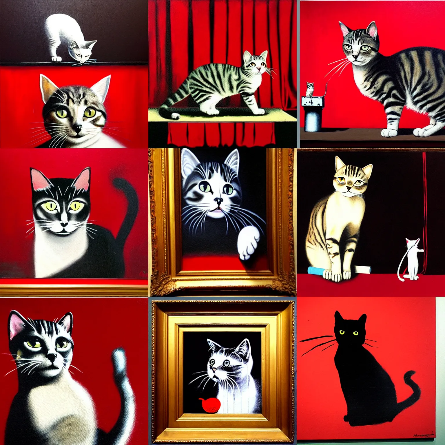 Prompt: painting of cat with red stage curtain background by banksy and michaelangelo