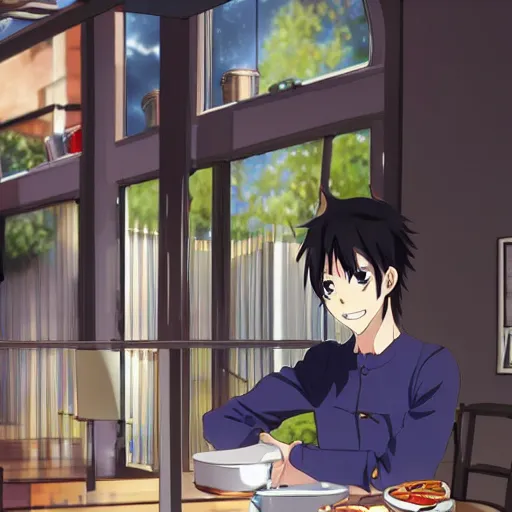 Prompt: a tall anime boy with black hair, blue eyes and piercings working at a café smiling in anime style with sunlight shinig through the windows as he's cleaning dishes, very detailed